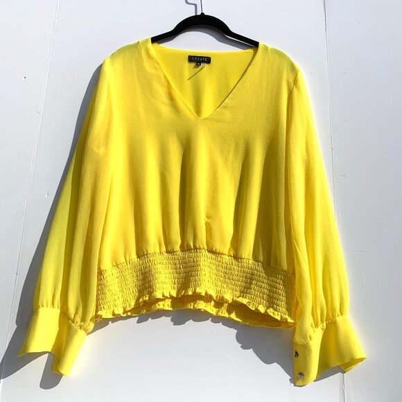 1. State Tops - Women’s 1. STATE Yellow Long Sleeve V-Neck Blouse, Smocked Waist, Size M